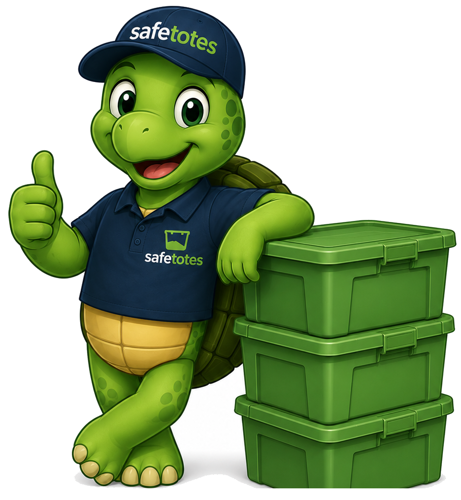 Safe, the Safe Totes turtle, with a stack of green moving totes